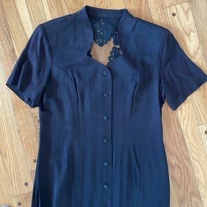 Vtg Melissa Collection Long Black Short Sleeve Button Dress Mesh Lace Back 10